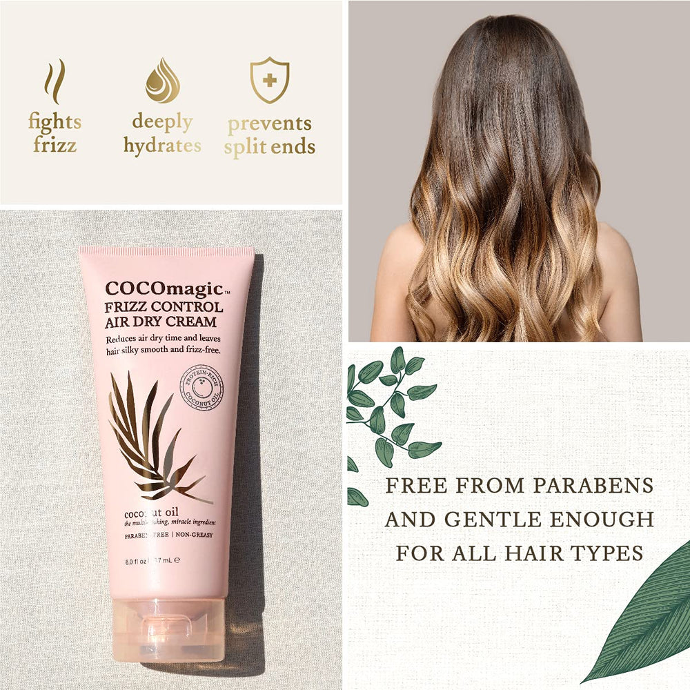 Cocomagic Frizz Control Air Dry Cream texture swatch shows lightweight non-greasy finish