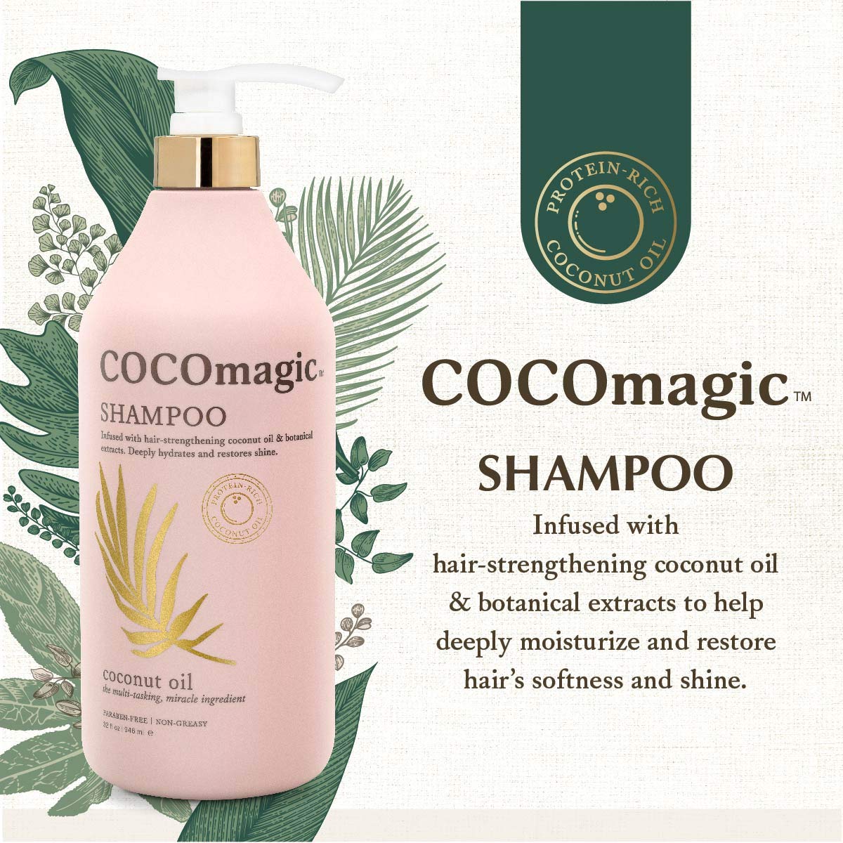 CocoMagic Nourishing Shampoo on bathroom shelf with natural extracts