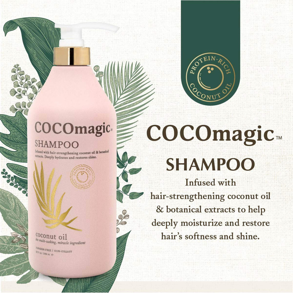 CocoMagic Nourishing Shampoo on bathroom shelf with natural extracts