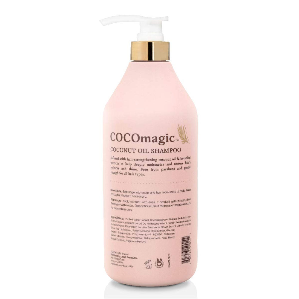CocoMagic Nourishing Shampoo bottle closeup with botanical ingredients