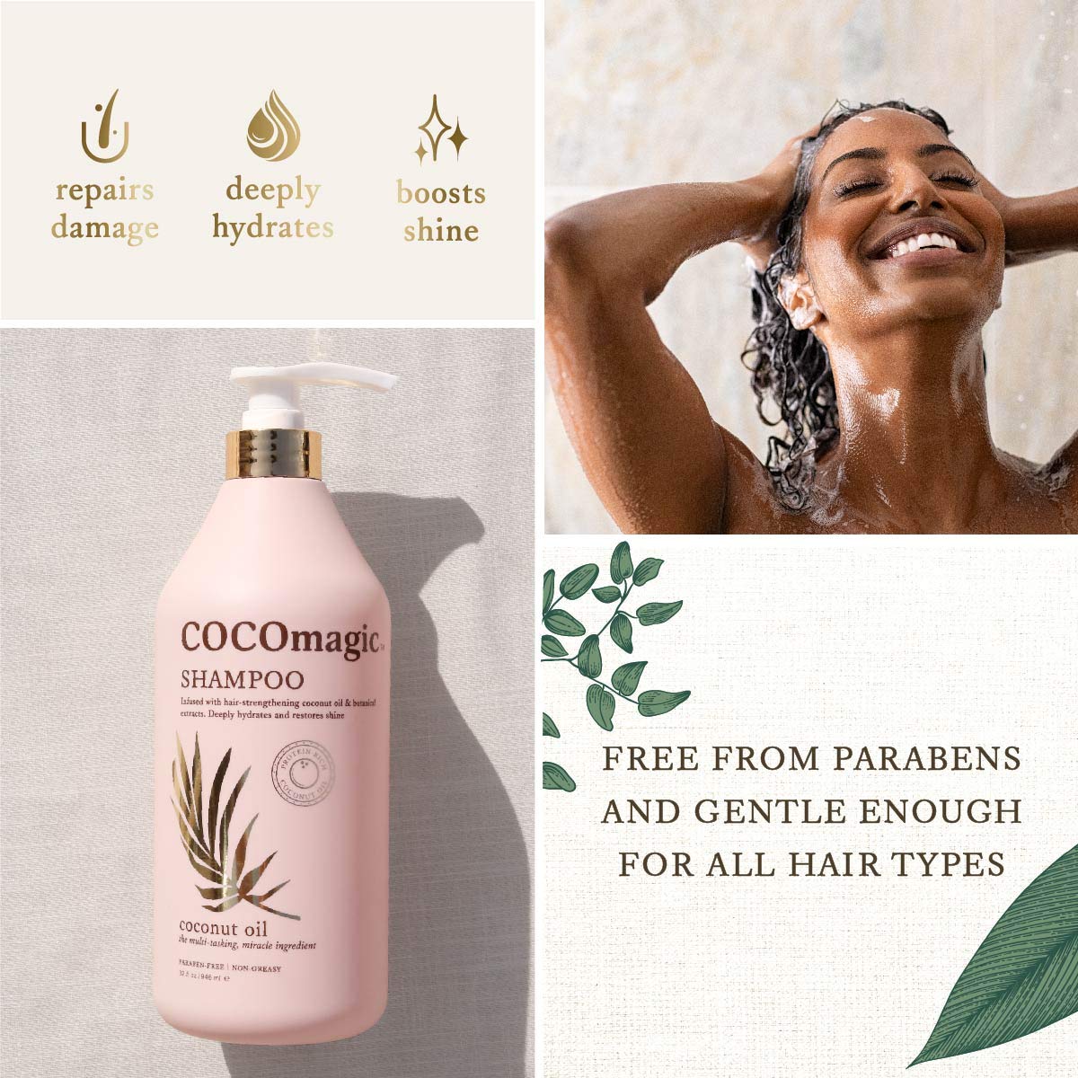 CocoMagic Nourishing Shampoo ingredients blend: bamboo, chamomile, green tea, ginseng