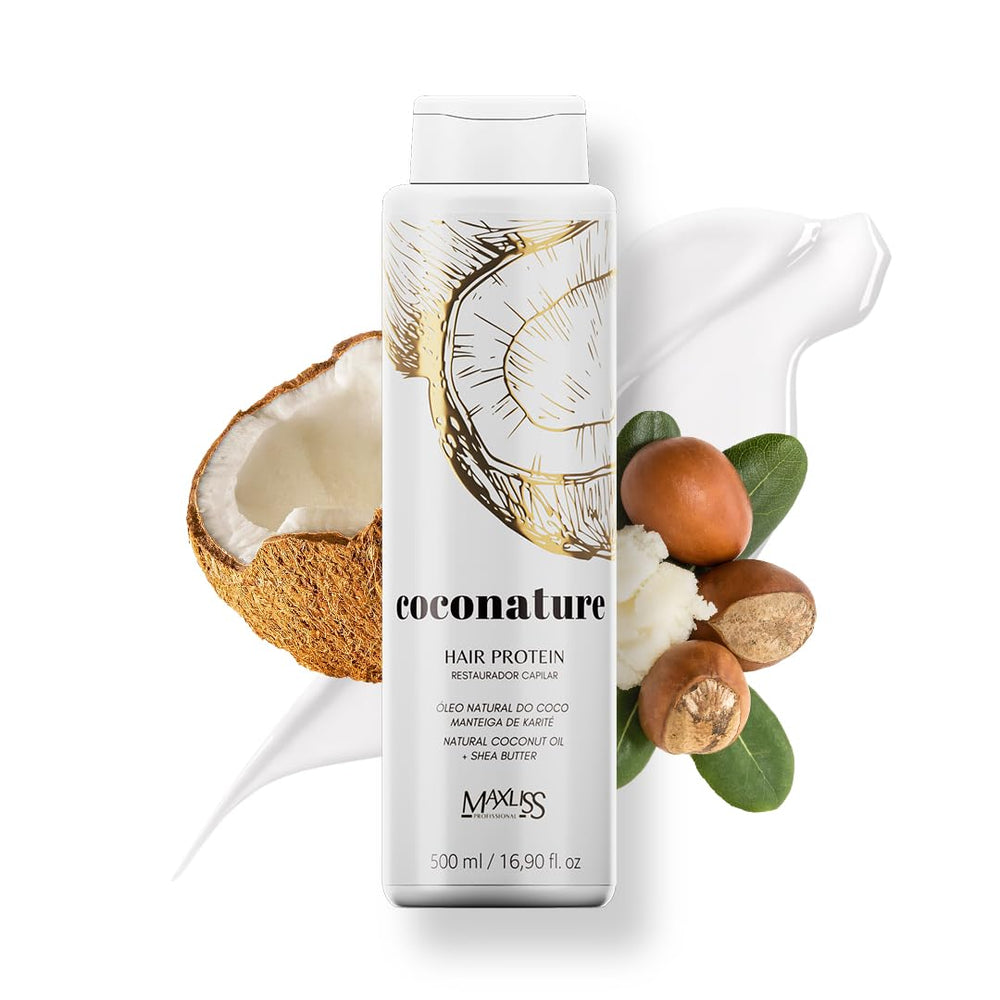 COCONATURE Hair Protein bottle showing smoothing treatment for at home salon results