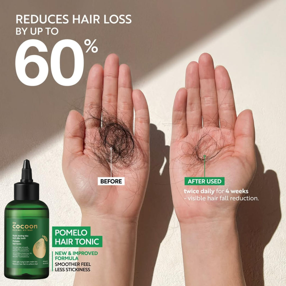 Before and after imagery imply reduced shedding and smoother strands.
