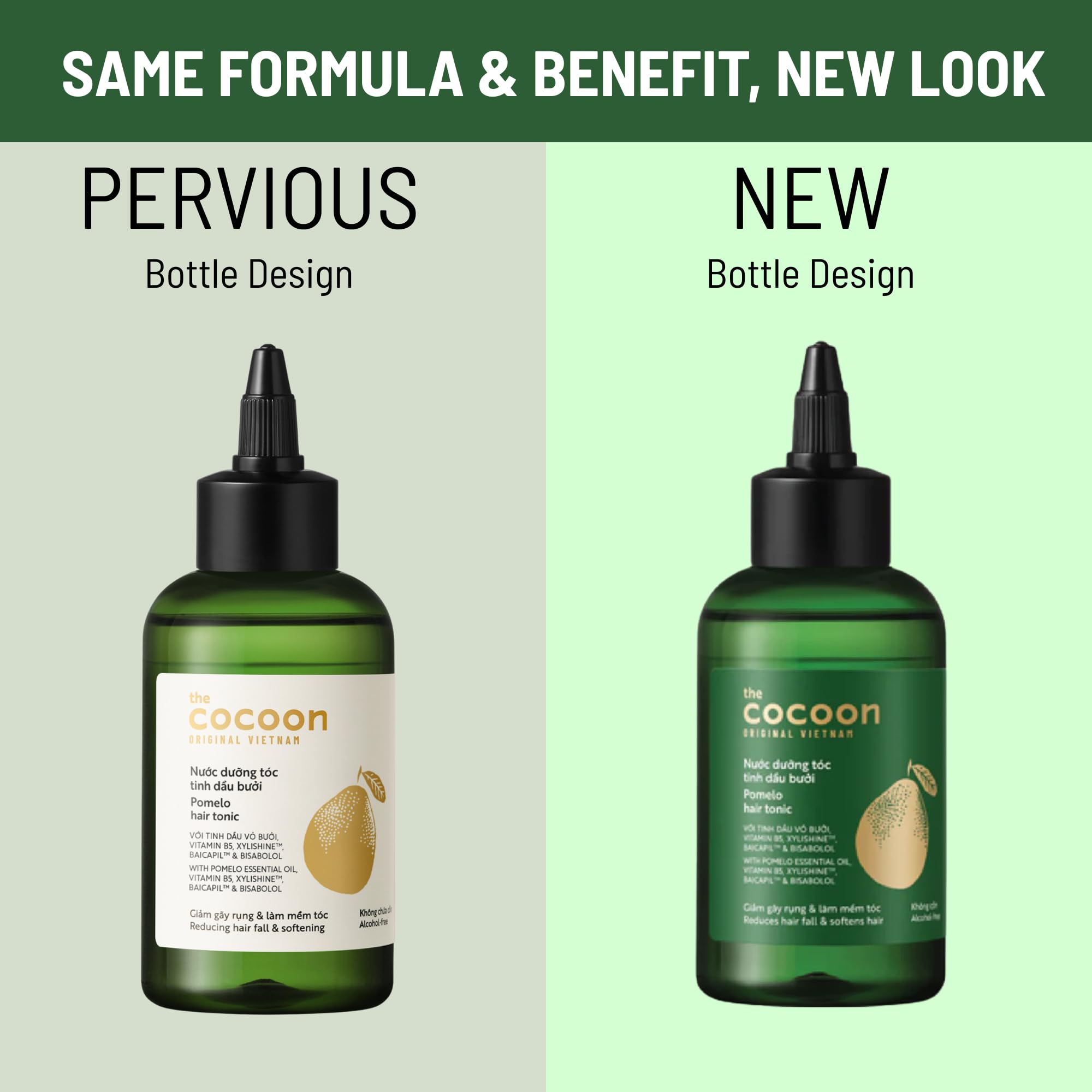 Packaging closeup of Cocoon Pomelo Hair Tonic highlights vegan, cruelty-free formula.