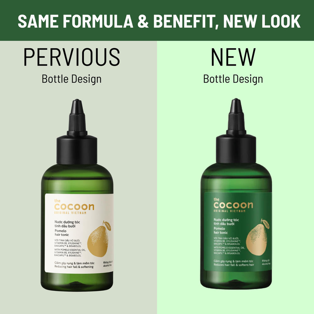 Packaging closeup of Cocoon Pomelo Hair Tonic highlights vegan, cruelty-free formula.