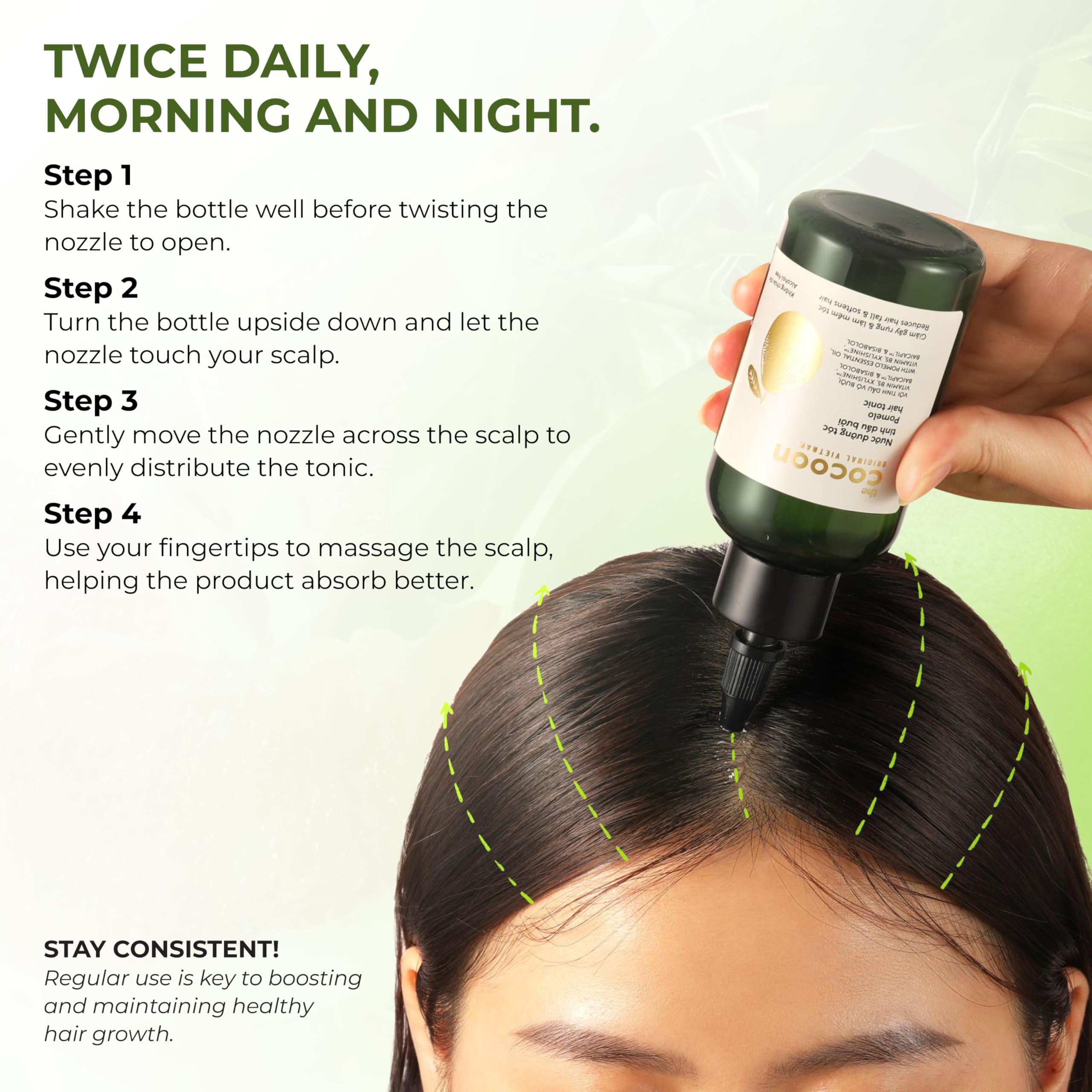 Cocoon Original Pomelo Oil Hair Tonic scalp massage being performed.