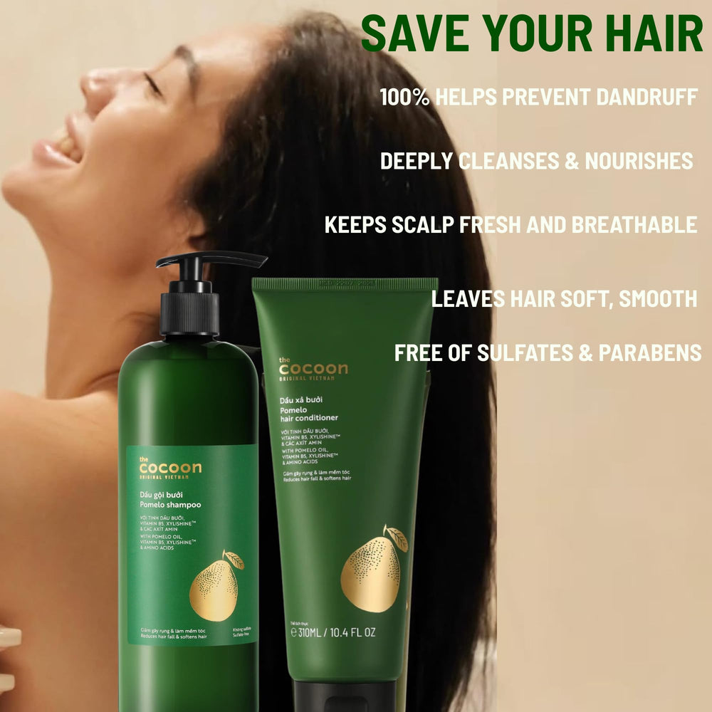 Pomelo shampoo foam shows thorough root-to-tip cleansing.