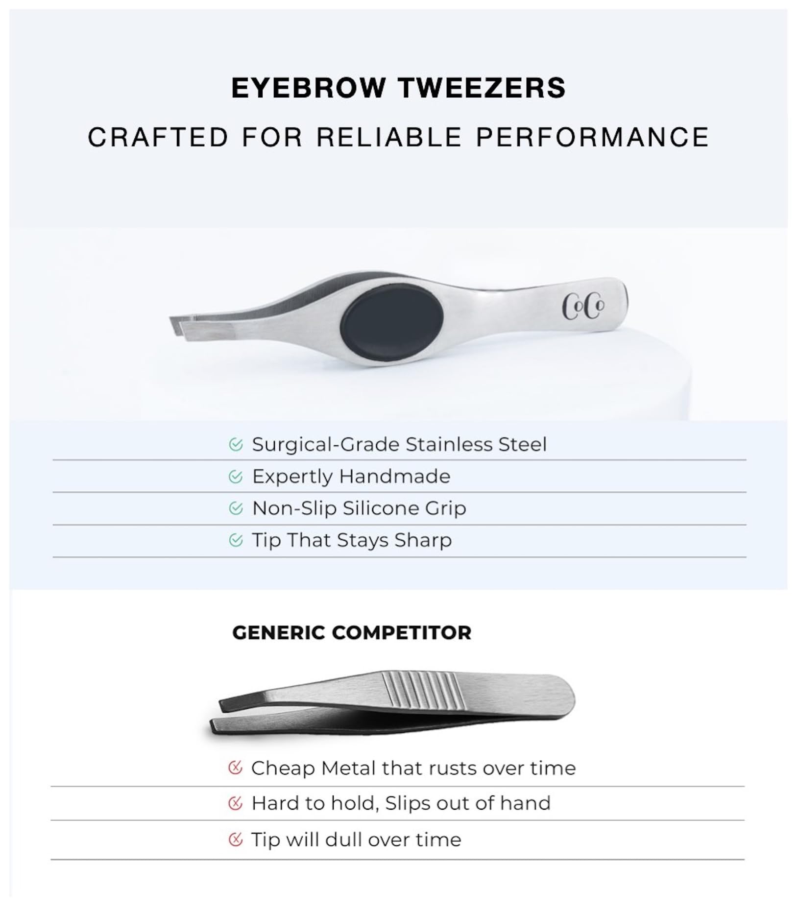 Coco's Closet eyebrow tweezers in hand demonstrate secure grip and control.