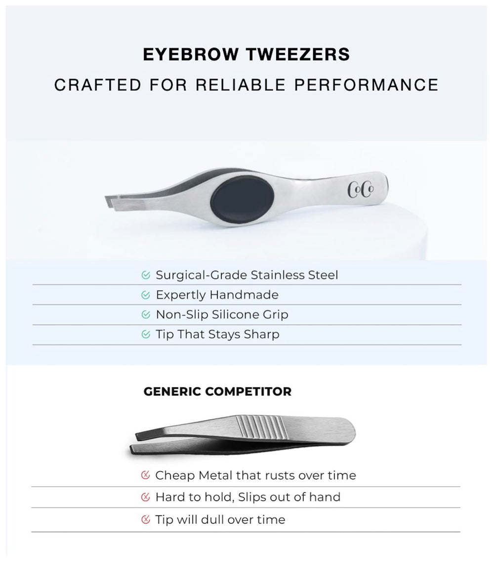 Coco's Closet eyebrow tweezers in hand demonstrate secure grip and control.