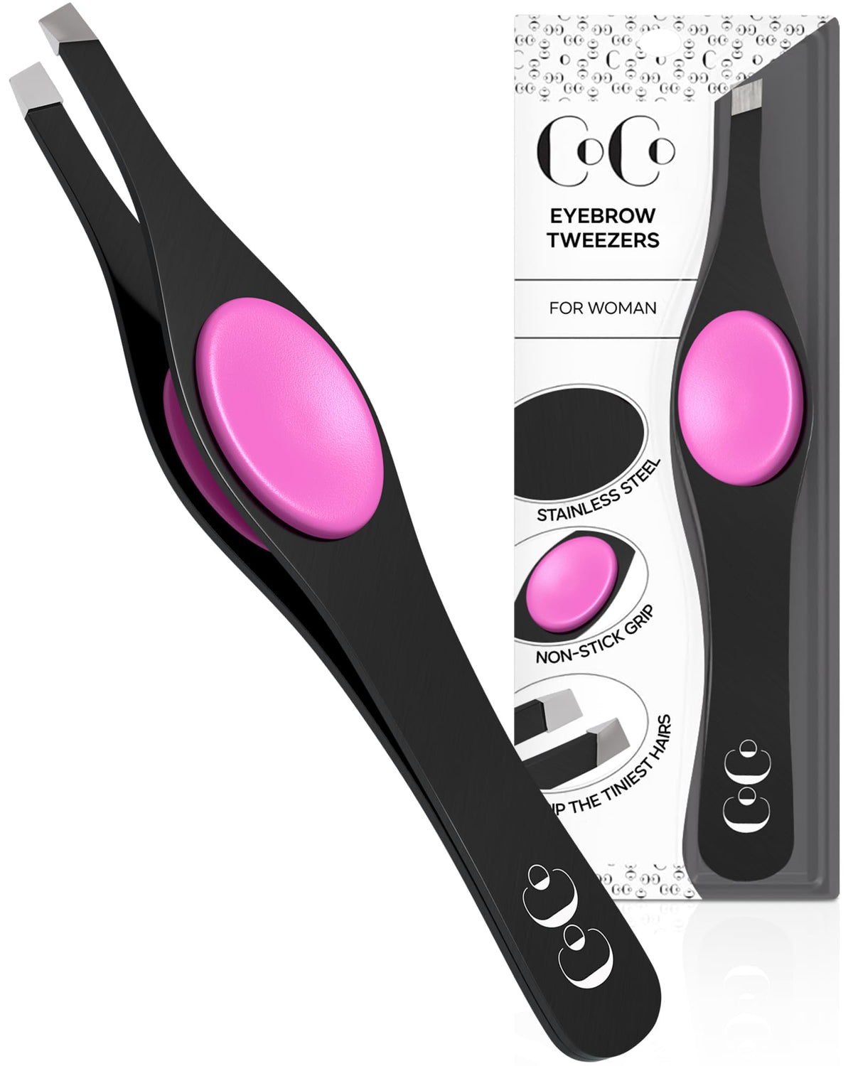 Coco's Closet tweezers slant tip closeup for precise hair removal and clean lines.