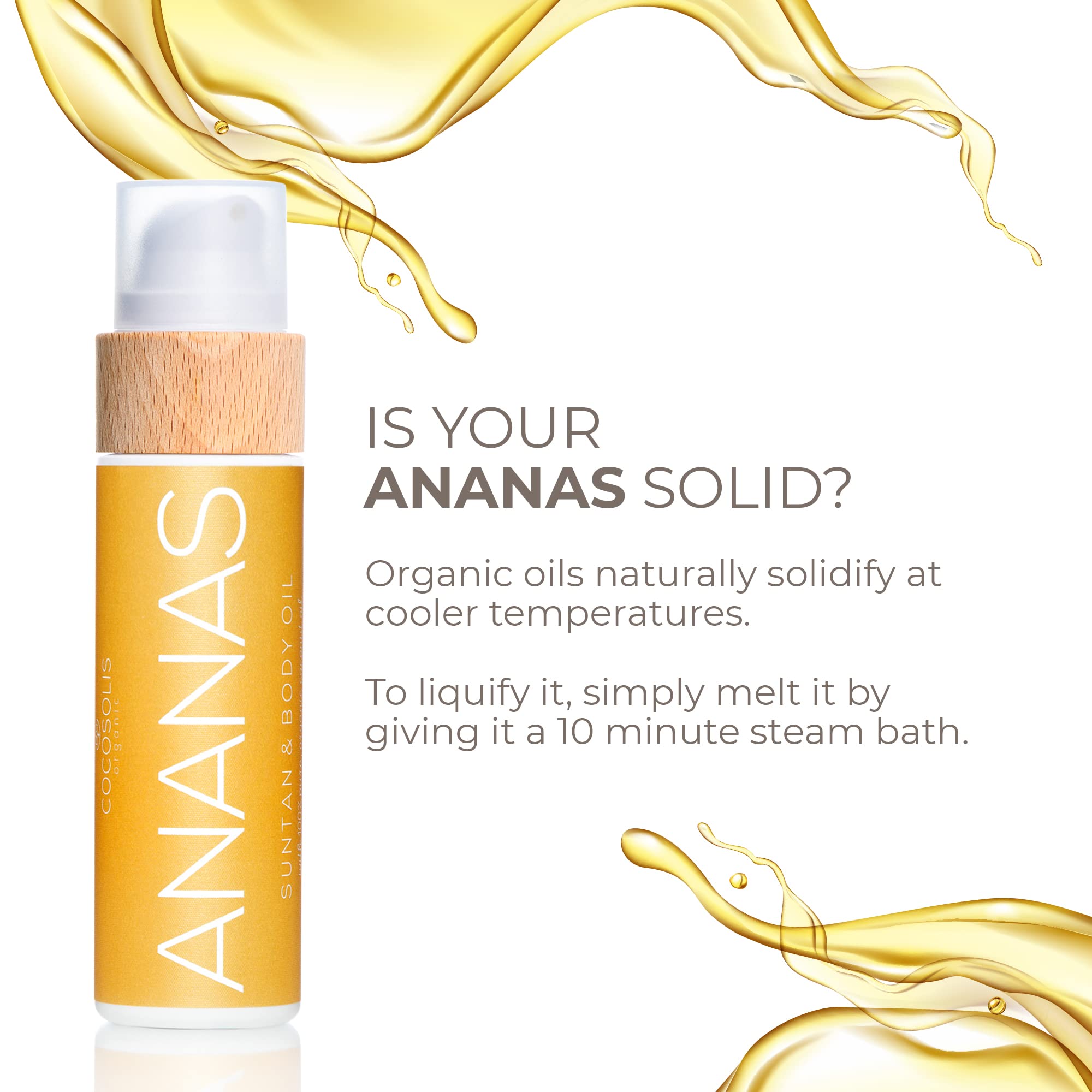 COCOSOLIS ANANAS packaging and pump bottle highlights easy daily use