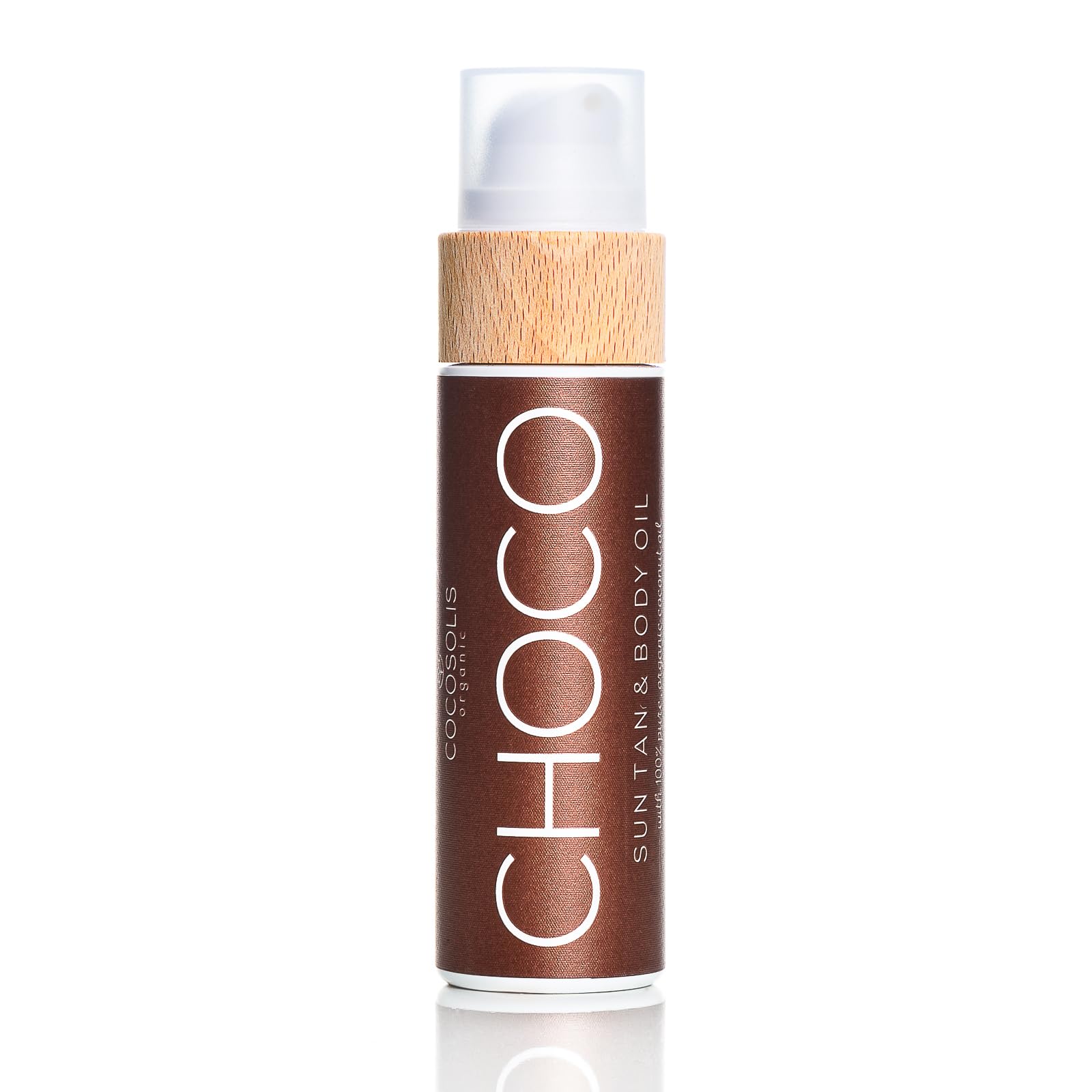 COCOSOLIS CHOCO Suntan bottle pouring; rich organic oils aid a luxurious tan.