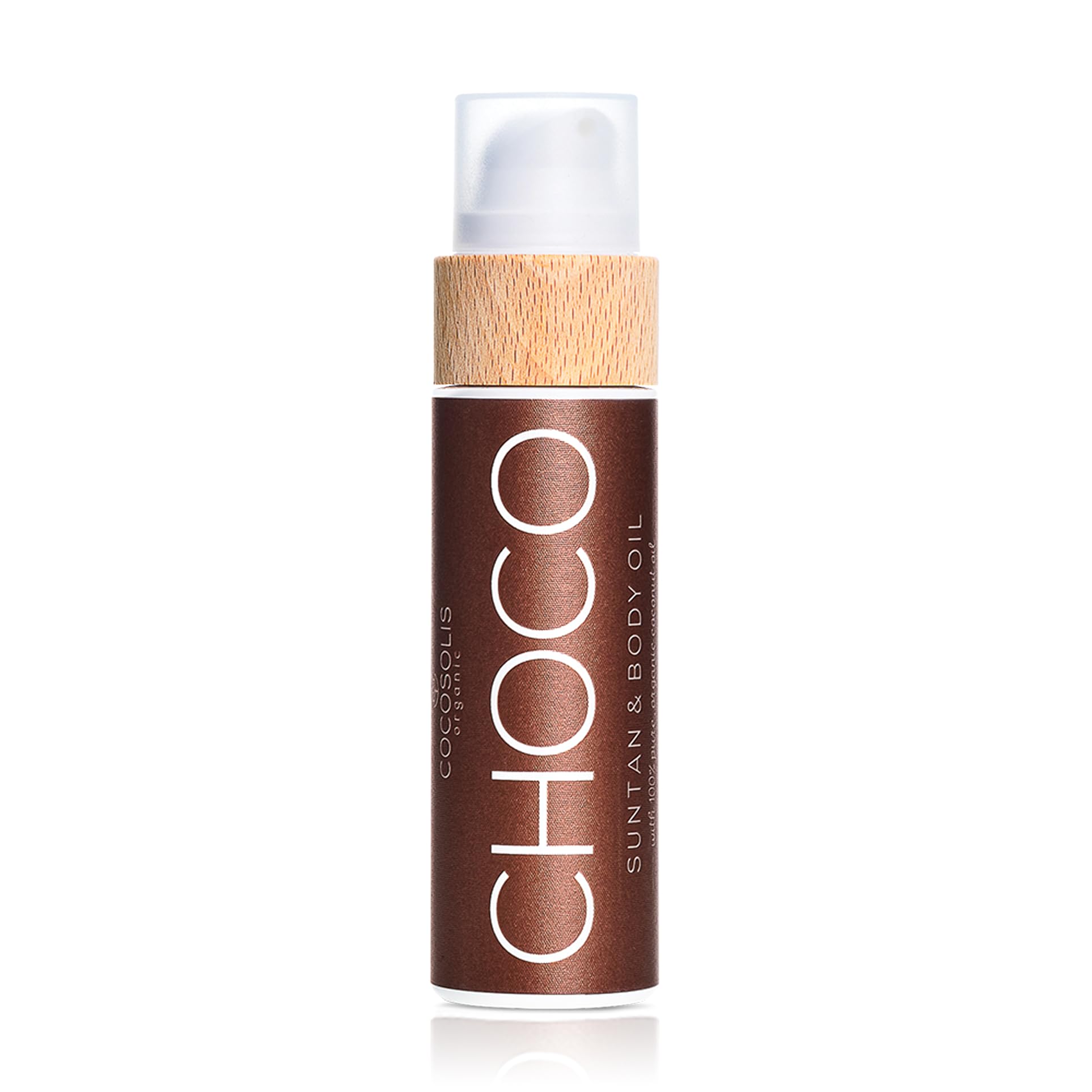 COCOSOLIS Choco suntan oil bottle close-up showing a rich, even tan