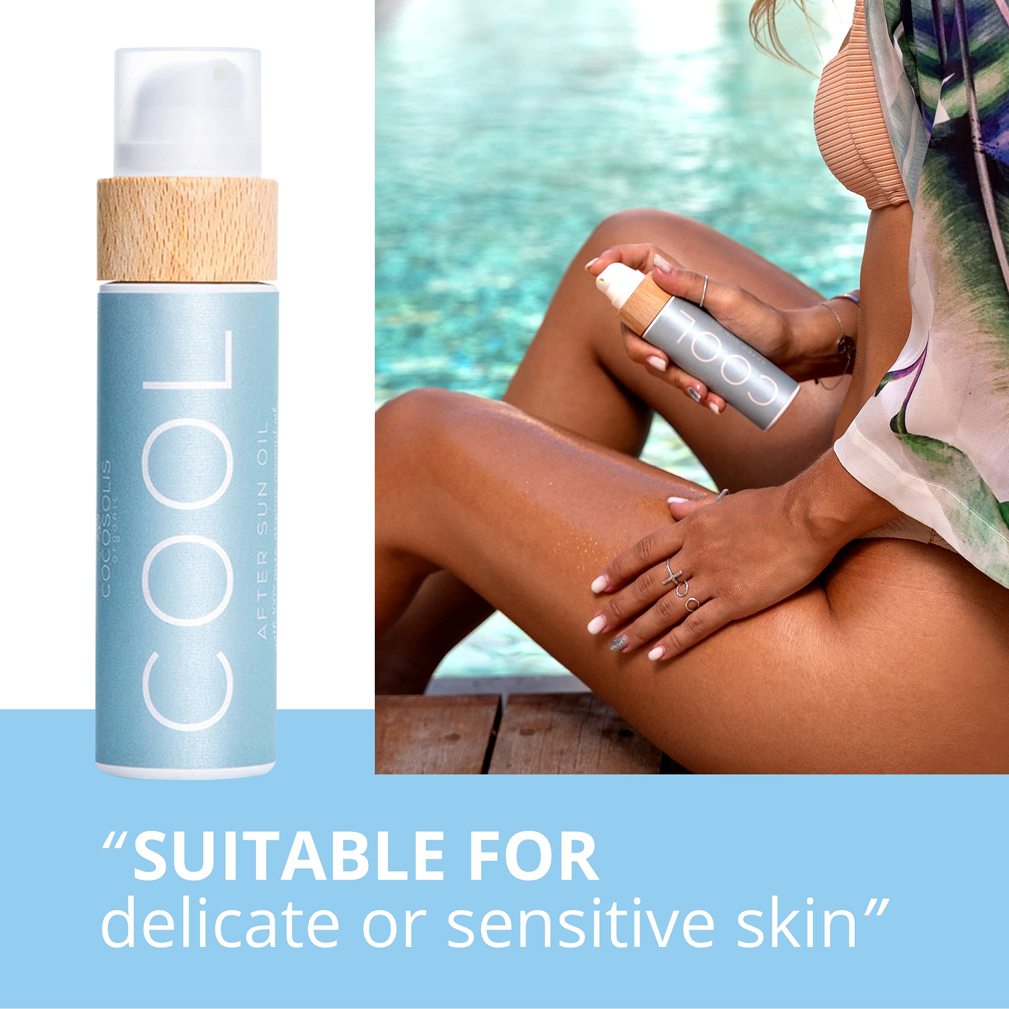 Hands applying COCOSOLIS Cool After Sun lotion to the face and body.