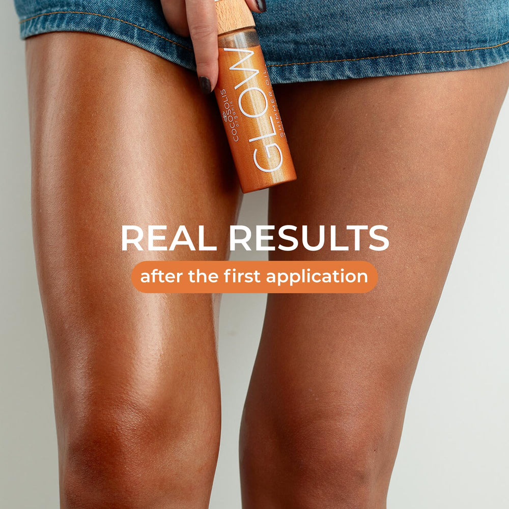 COCOSOLIS GLOW Shimmer Oil applied on skin for glow and hydration.
