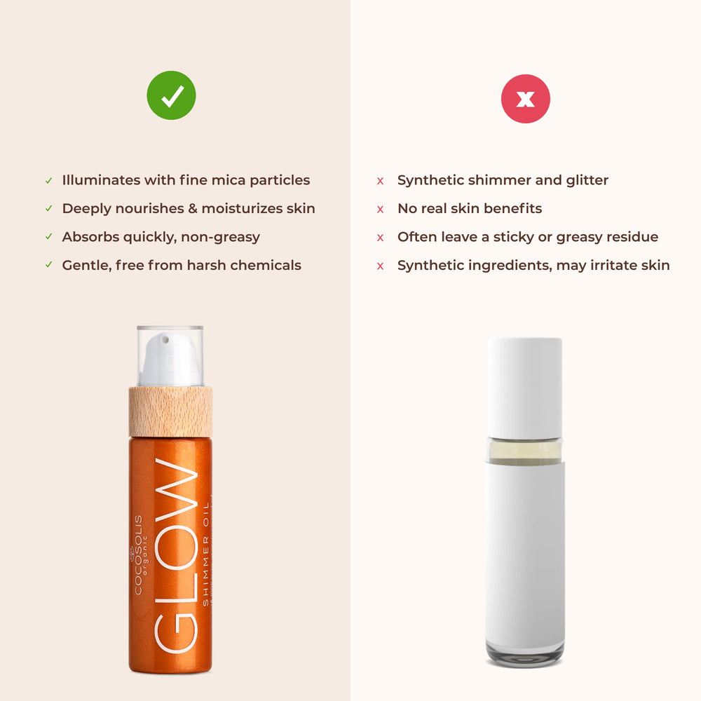 Close-up shows shimmering particles on skin creating sun-kissed radiance.