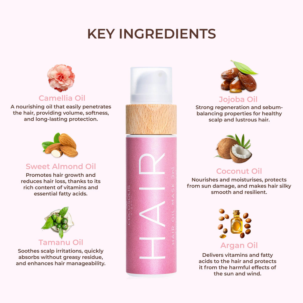 COCOSOLIS Hair Oil Mask 3in1 ingredients showcase organic cold-pressed oils delivering shine.
