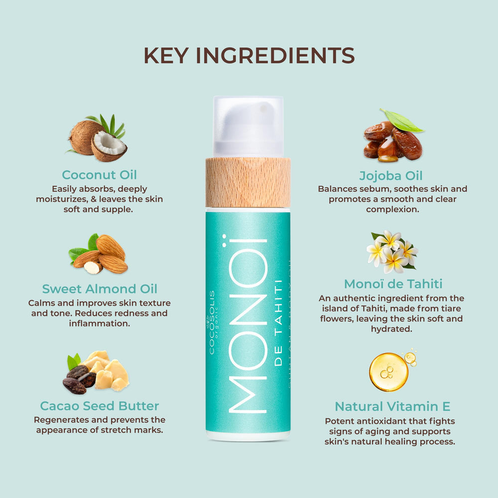 COCOSOLIS MONOI aromatic massage oil demonstrates dual skin care and hydration