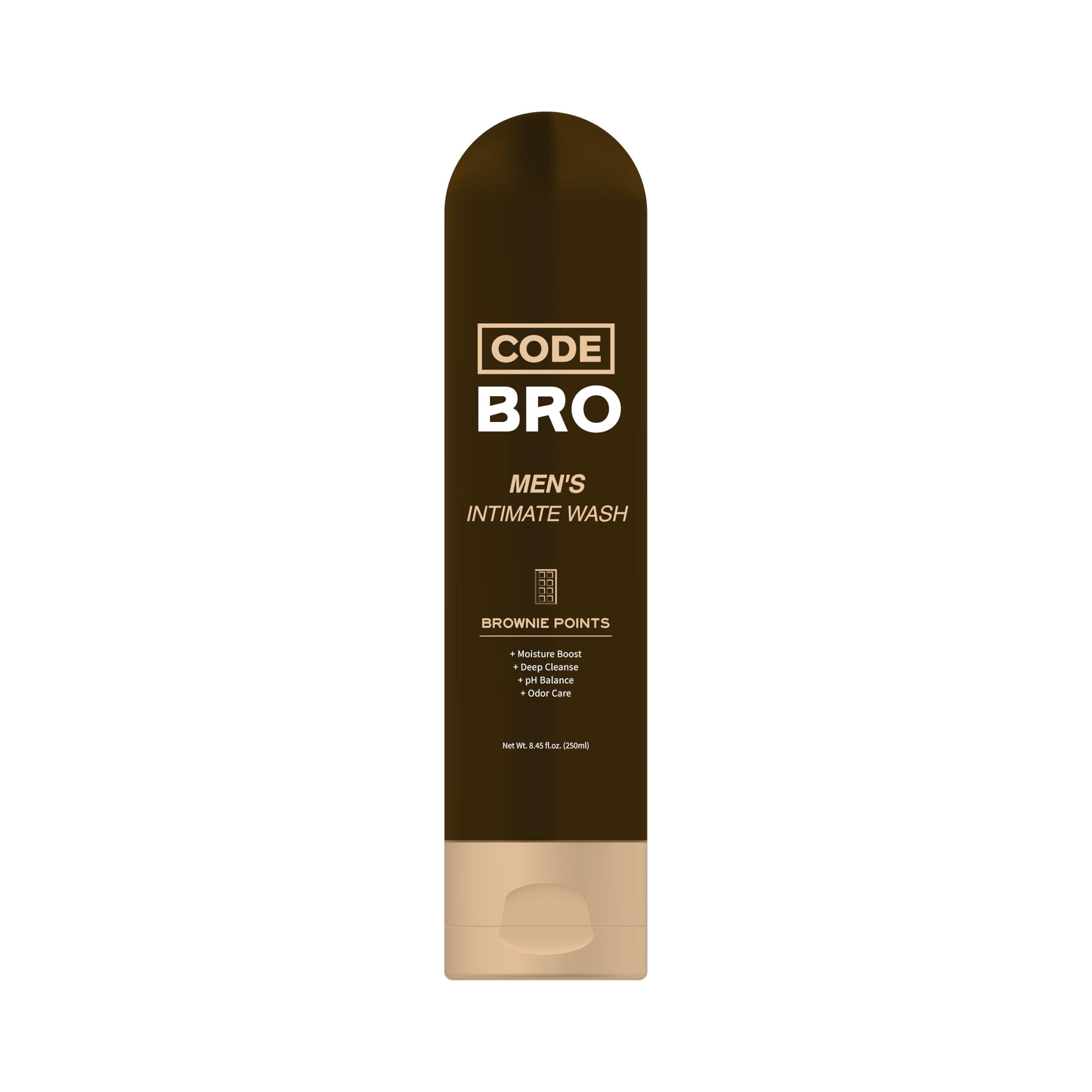 Code Bro Brownie Point wash bottle pour demonstrates deep hydration for intimate skin.