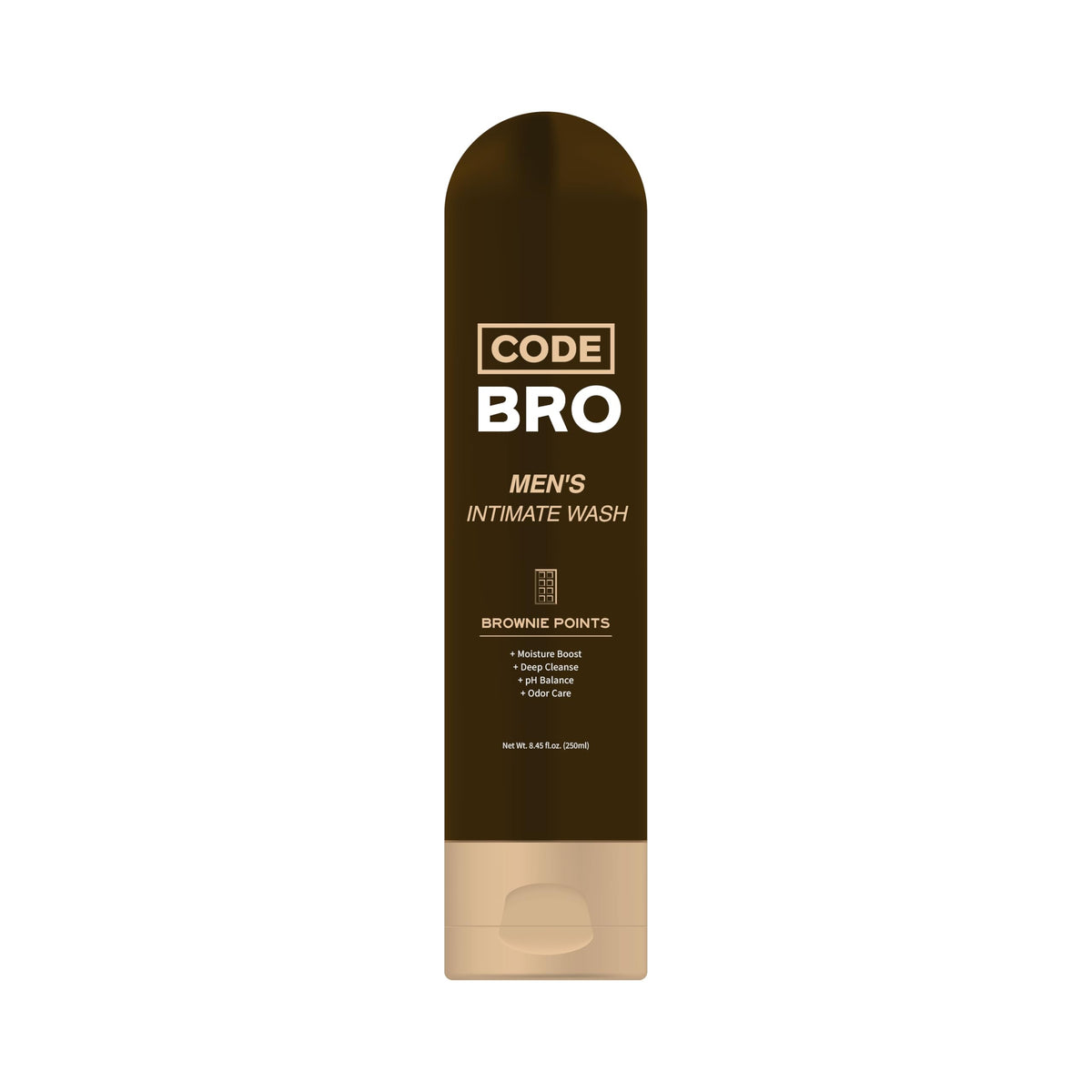 Code Bro Brownie Point wash bottle pour demonstrates deep hydration for intimate skin.