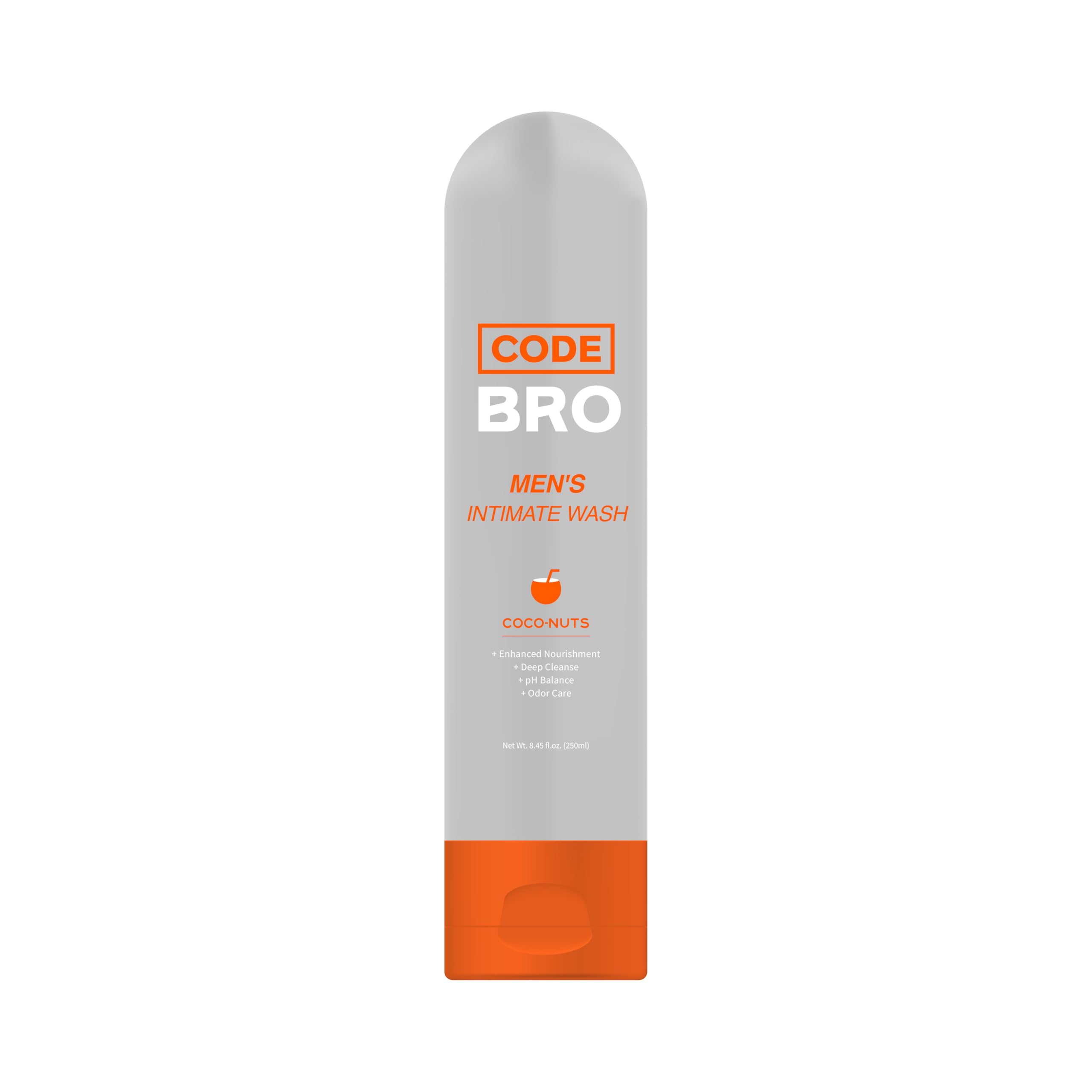 Code Bro Coco-Nuts wash bottle with coconut hydration for sensitive skin.