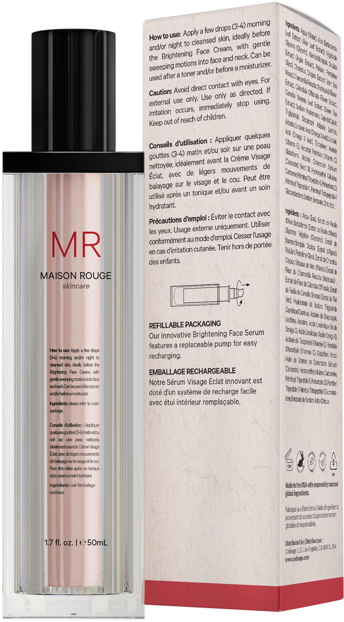 Codeage Maison Rouge close-up shows refillable bottle and pump for sustainable routine