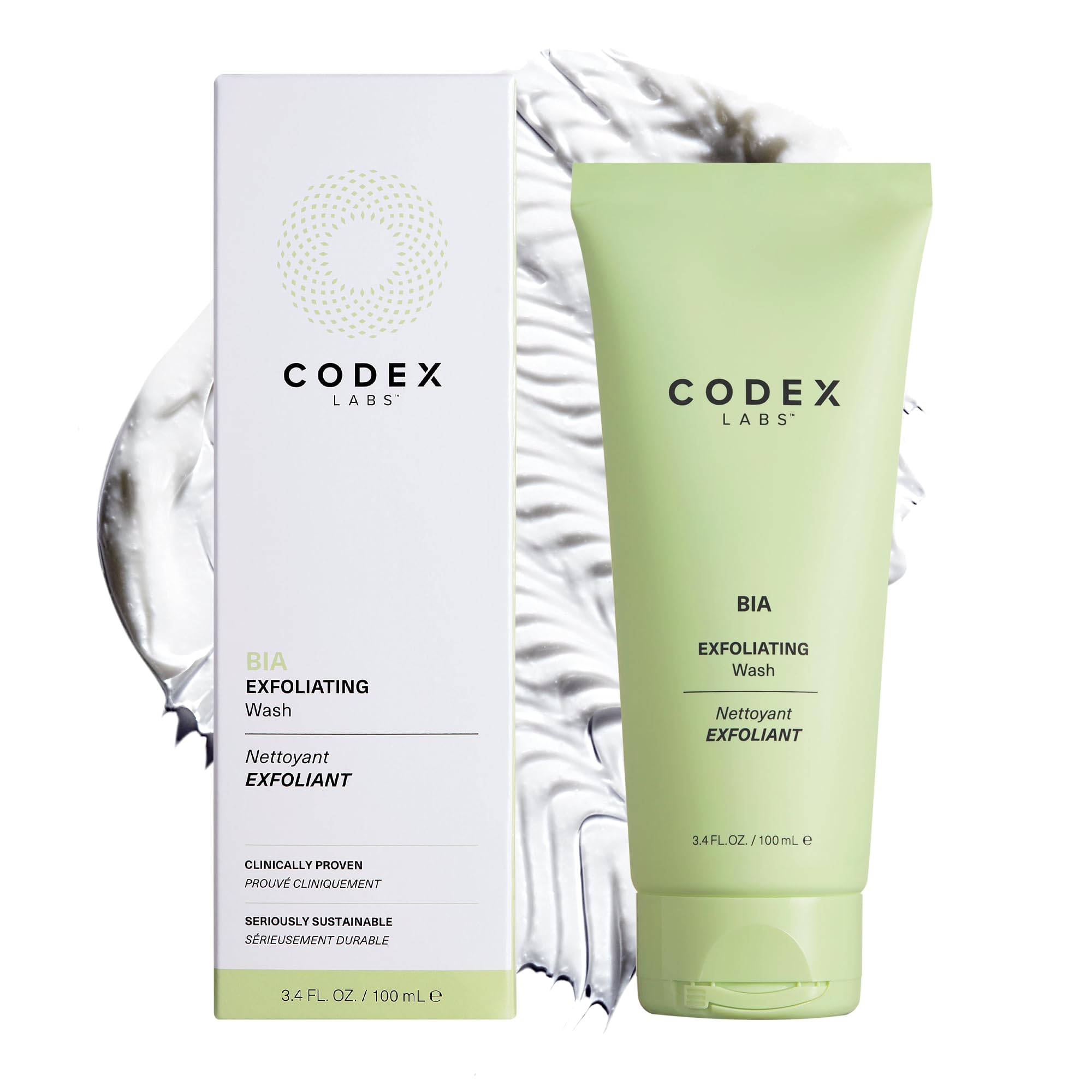 Codex Labs Bia exfoliating face wash bottle front view for daily gentle cleanse.