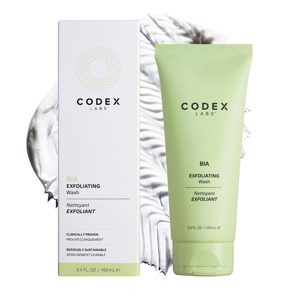 Codex Labs Bia exfoliating face wash bottle front view for daily gentle cleanse.
