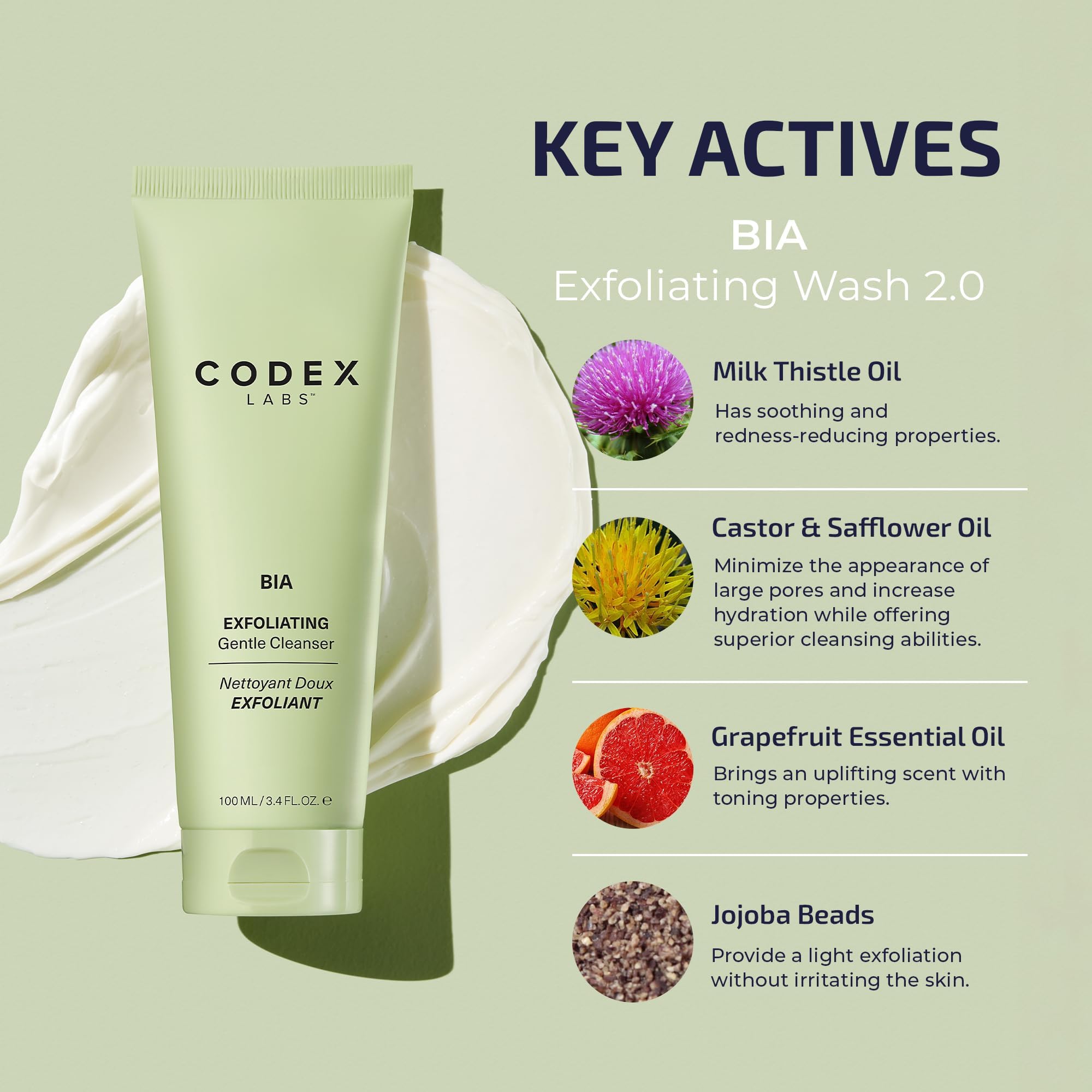 Codex Labs Bia exfoliating face wash label highlights milk thistle and jojoba extracts.