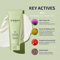 Codex Labs Bia exfoliating face wash label highlights milk thistle and jojoba extracts.