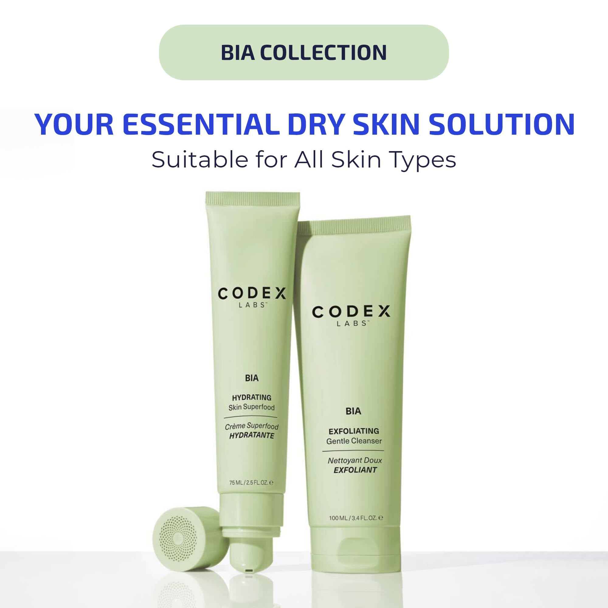 Codex Labs Bia exfoliating face wash packaging on a bathroom shelf.