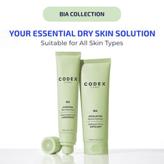 Codex Labs Bia exfoliating face wash packaging on a bathroom shelf.