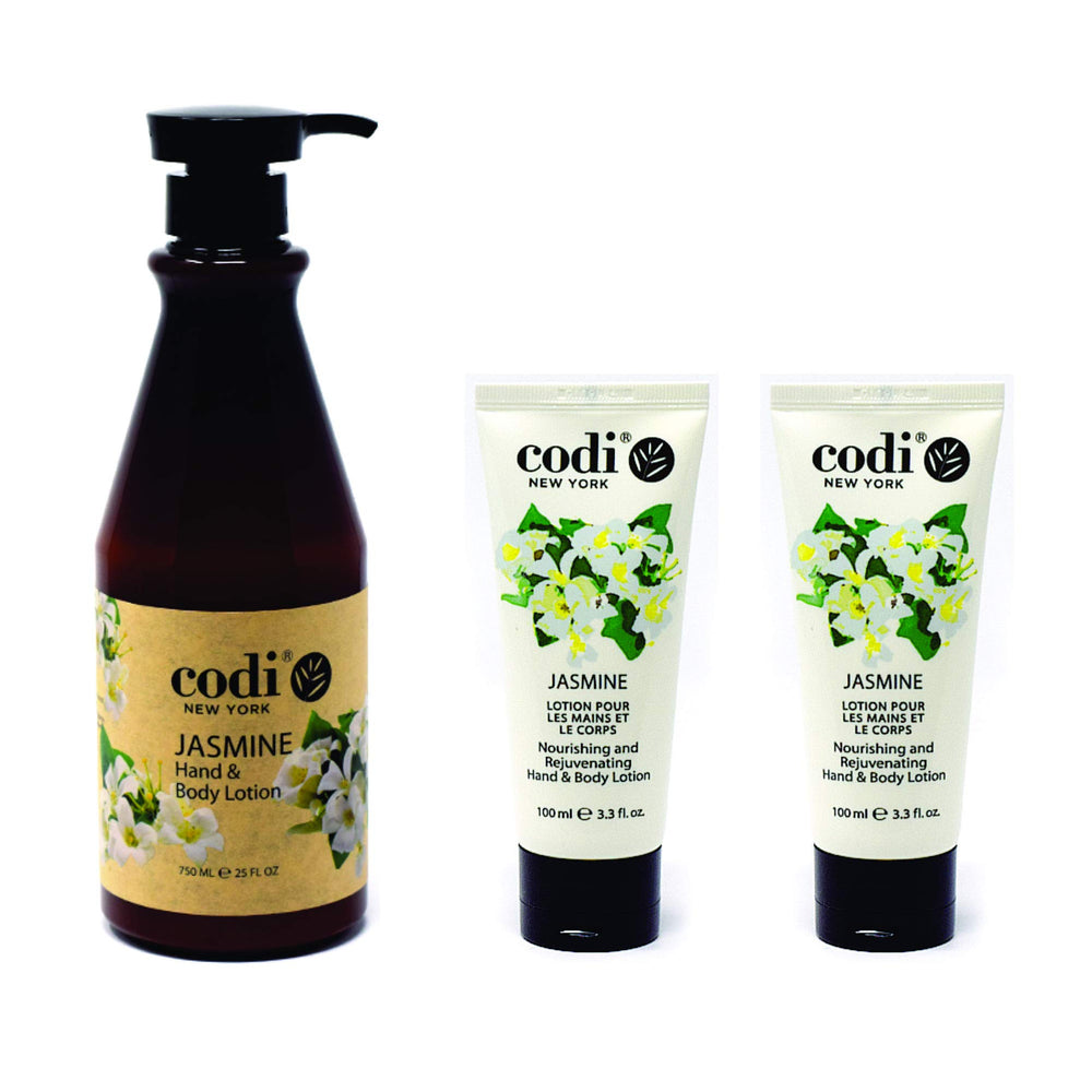 Codi Jasmine Lotion pump bottle shows balanced jasmine scent with quick absorption.