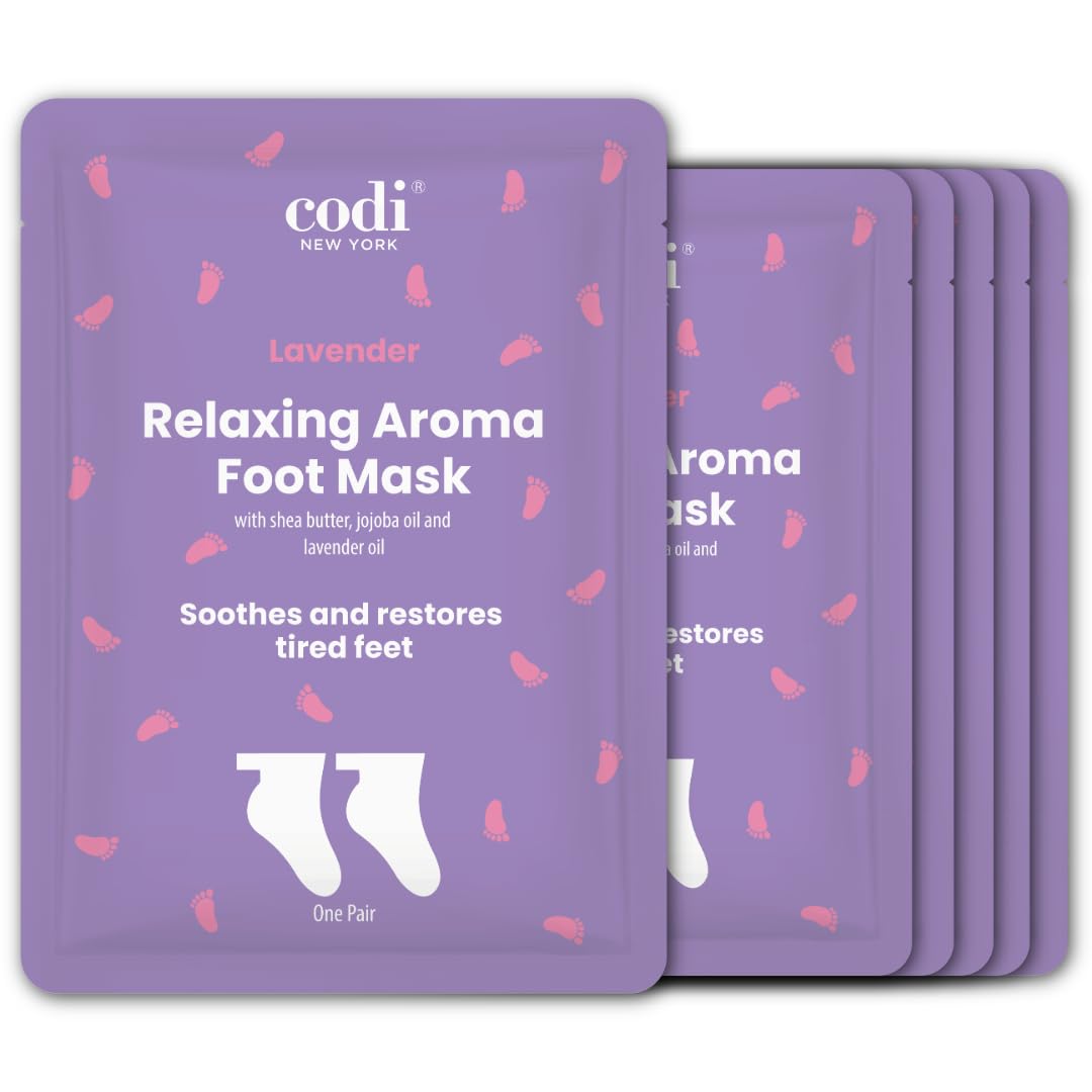 Codi New York Relaxing Aroma Foot Mask packaging showing lavender hydration benefits for feet.