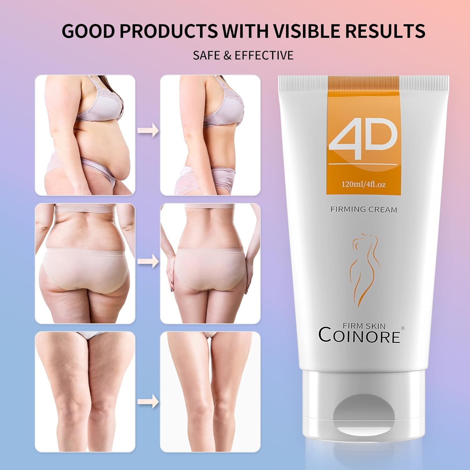 Application shot of Coinore B Flat Belly Firming Cream being massaged into skin.