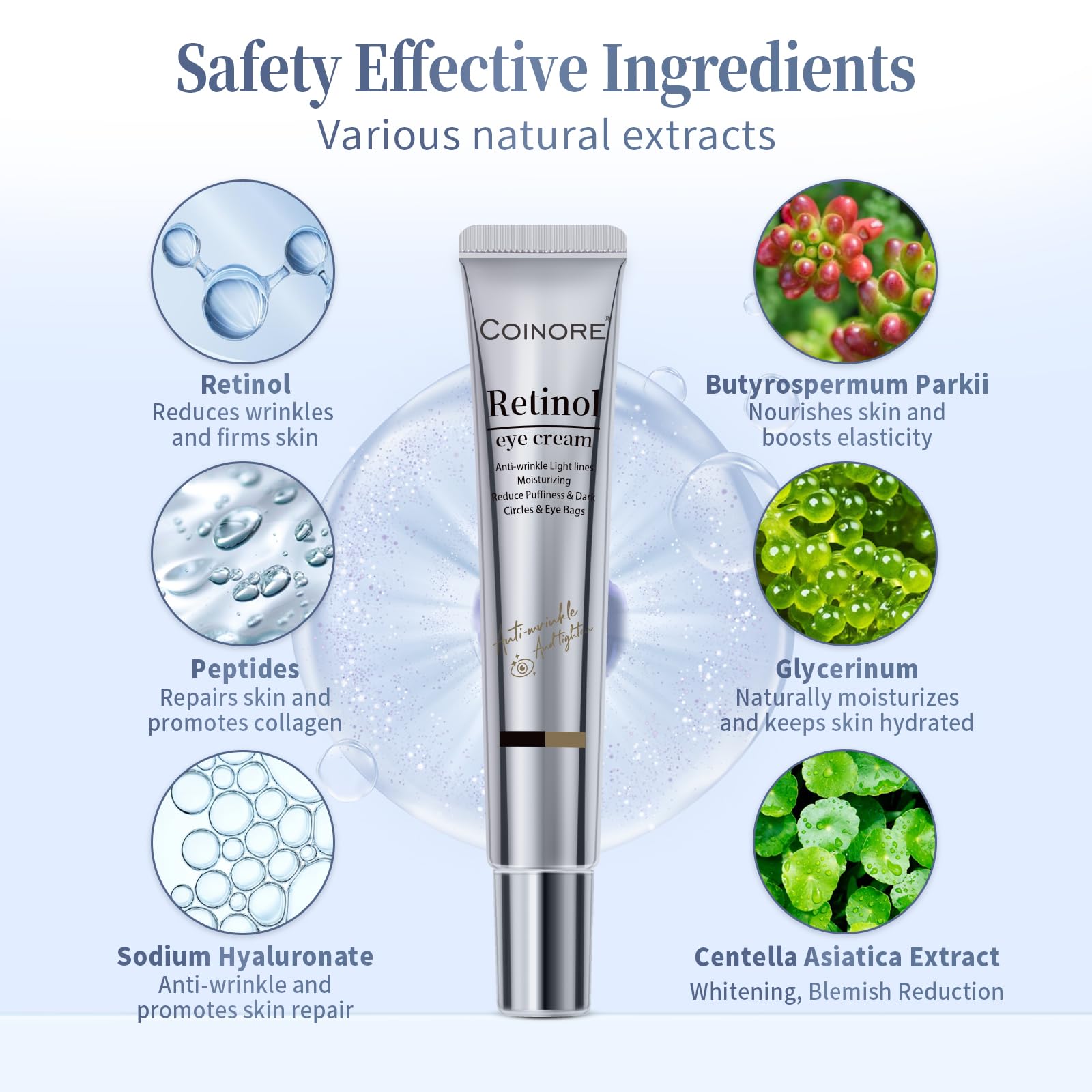 Coinore Retinol Under Eye Cream ingredients rosemary extract highlight antioxidant protection and firming feel.