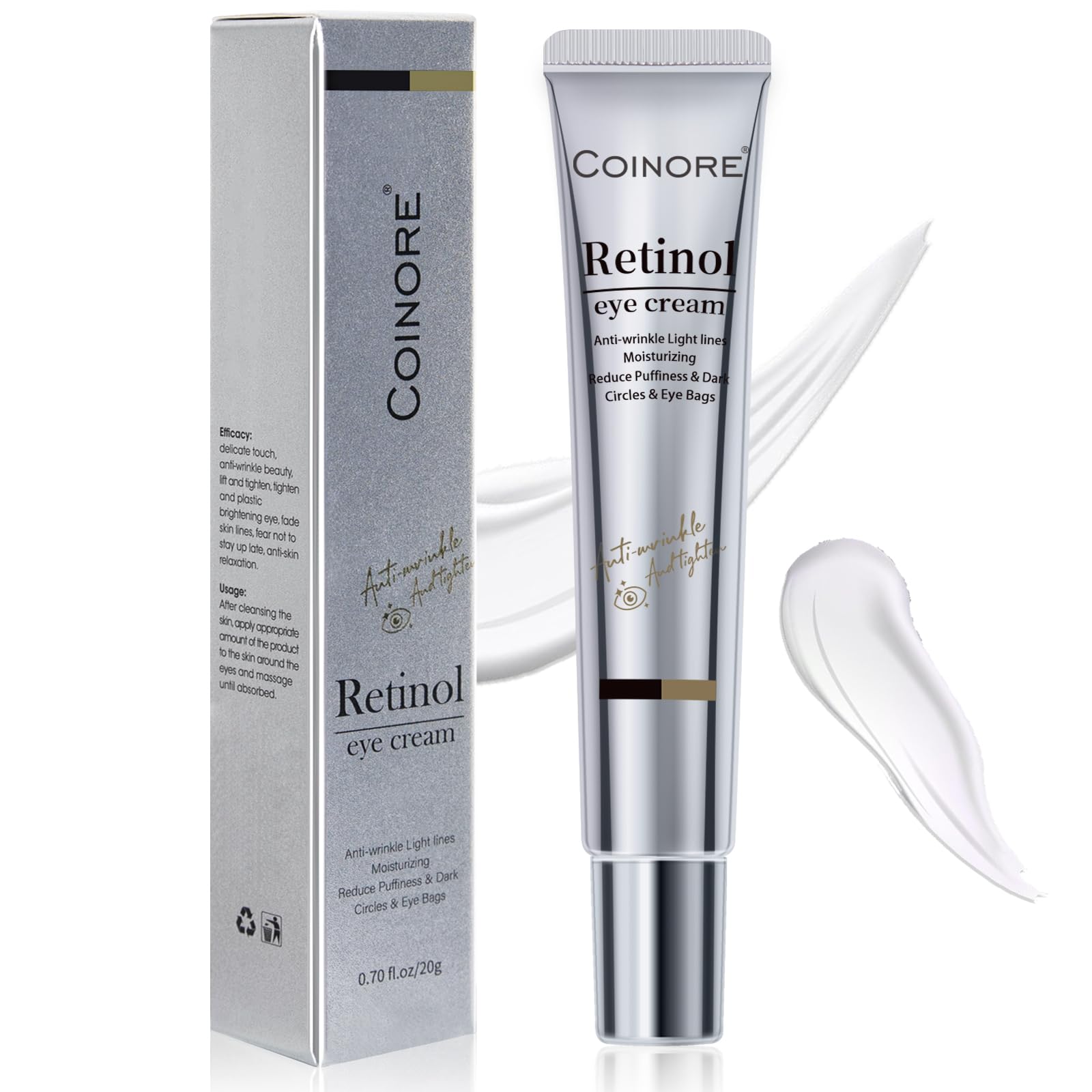 Coinore Retinol Under Eye Cream jar closeup reveals nourishing, non-greasy texture.