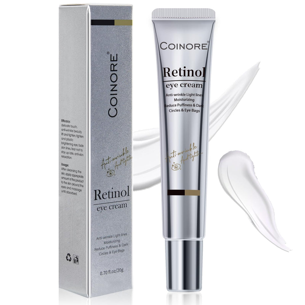 Coinore Retinol Under Eye Cream jar closeup reveals nourishing, non-greasy texture.