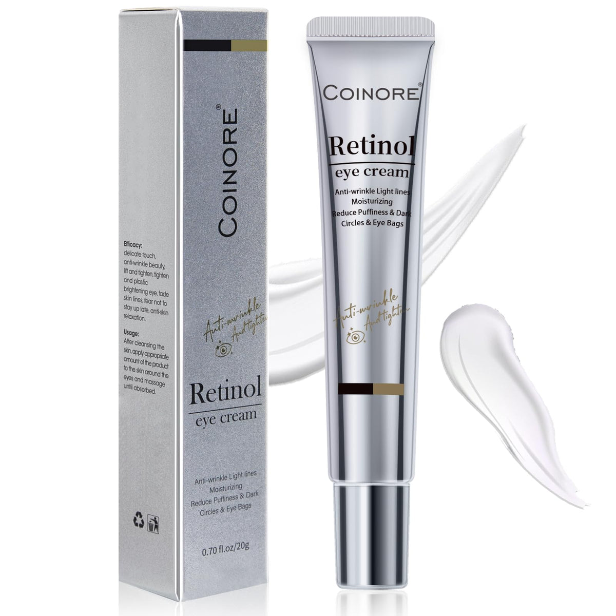 Coinore Retinol Under Eye Cream jar closeup reveals nourishing, non-greasy texture.