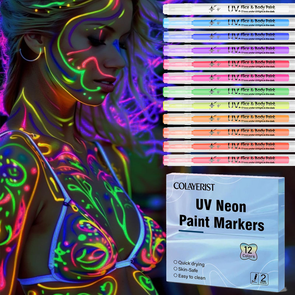 COLAYERIST Glow Face Paint Pens 12-piece packaging for bold festival-ready colors.