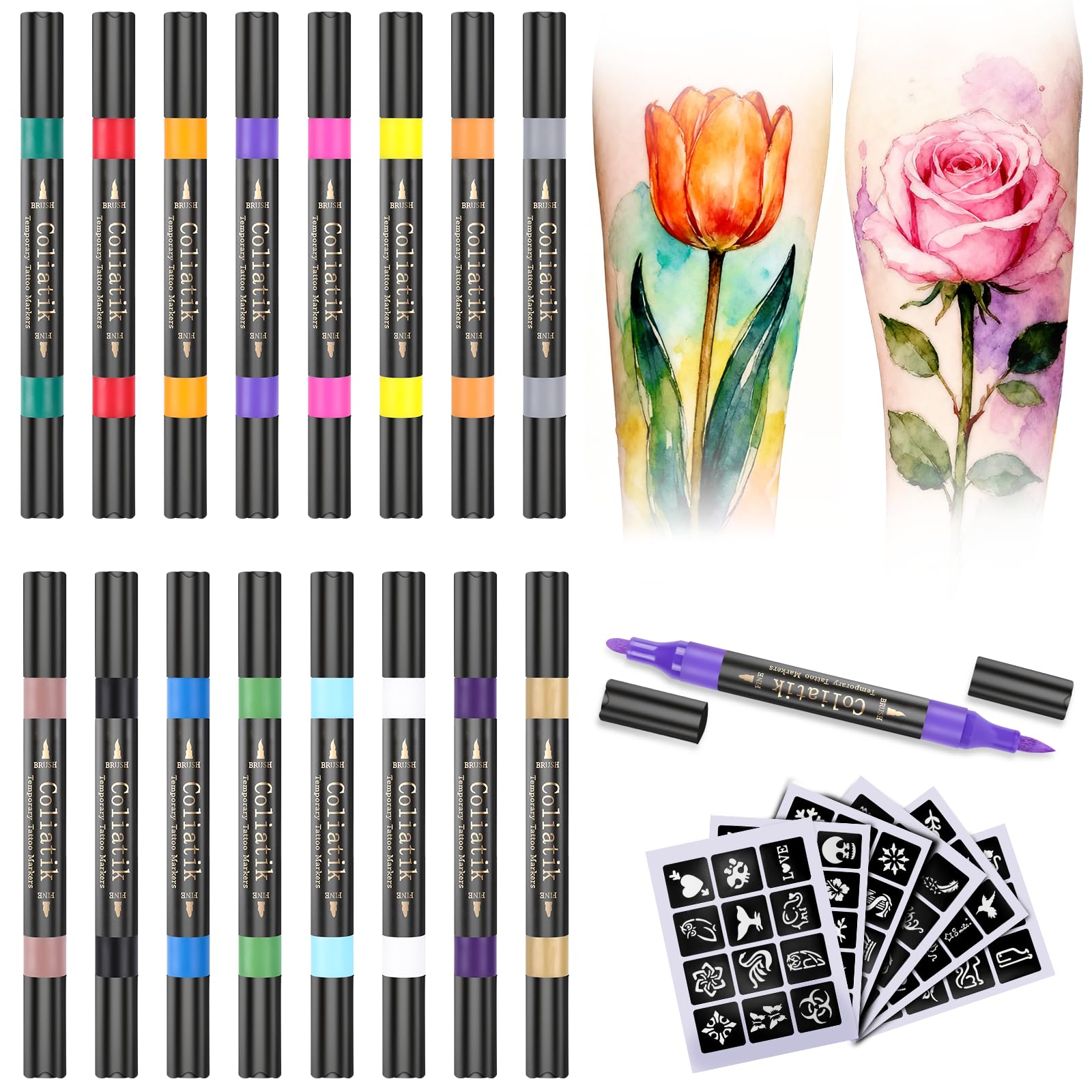 Coliatik 16-color dual-tip markers for vibrant skin art.