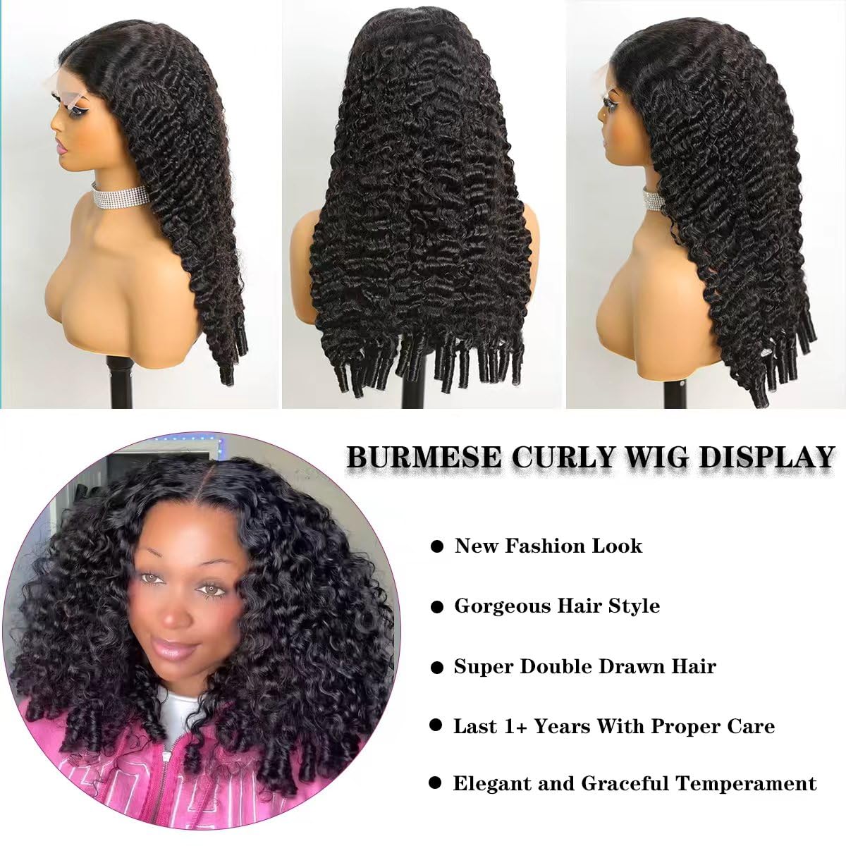 Coliki pre-plucked natural hairline on Burmese curly wig for ready-to-wear convenience.