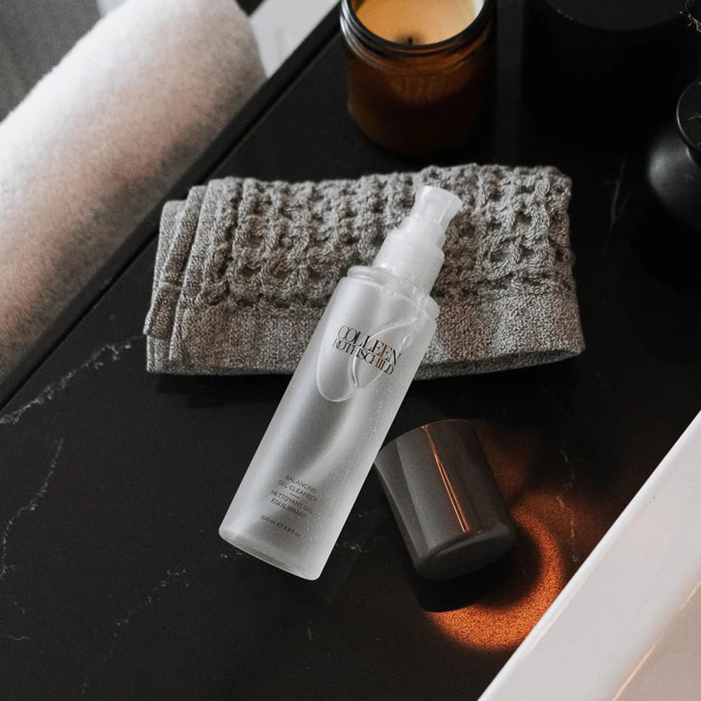 COLLEEN ROTHSCHILD Balancing Gel Cleanser bottle on bathroom shelf ready for daily routine.