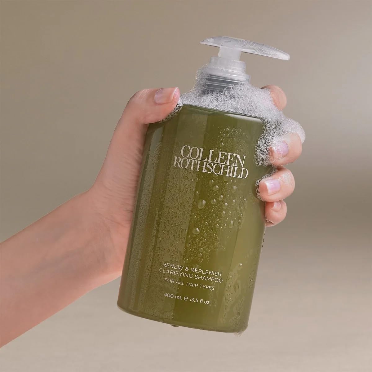 COLLEEN ROTHSCHILD Renew & Replenish Shampoo applying to scalp shows detox action and rosemary aroma.