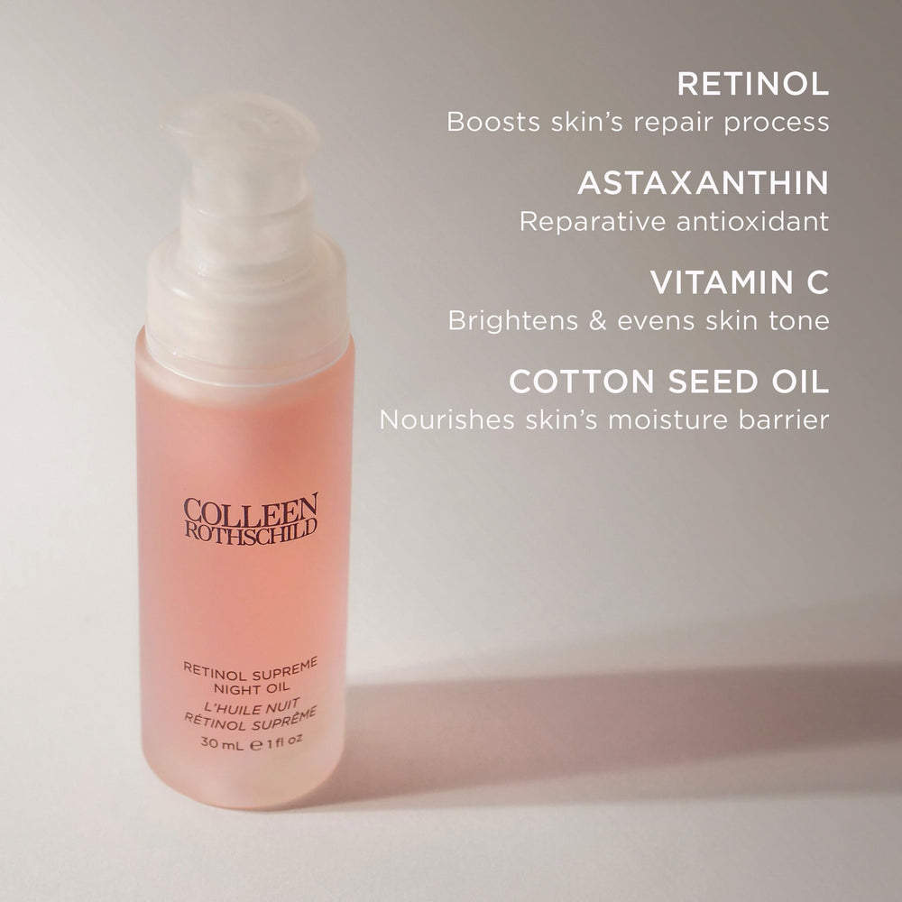 COLLEEN ROTHSCHILD Retinol Supreme Night Oil label closeup shows stabilized retinol and THD vitamin C