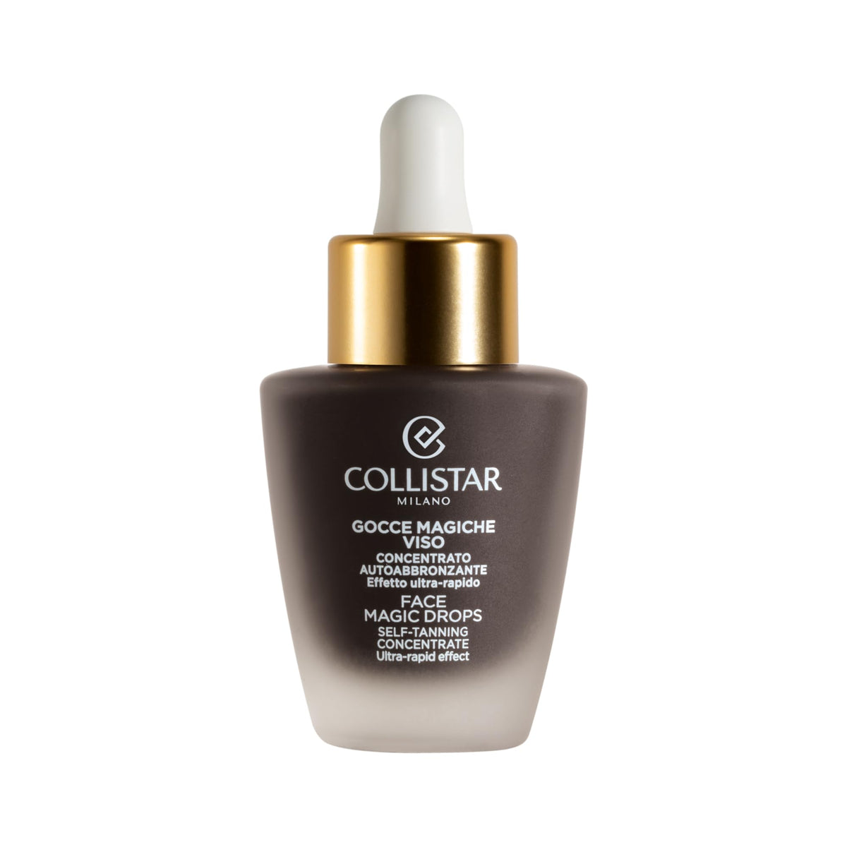 Collistar Magic Drops bottle showing quick self-tanning concentrate for all skin types, natural glow.