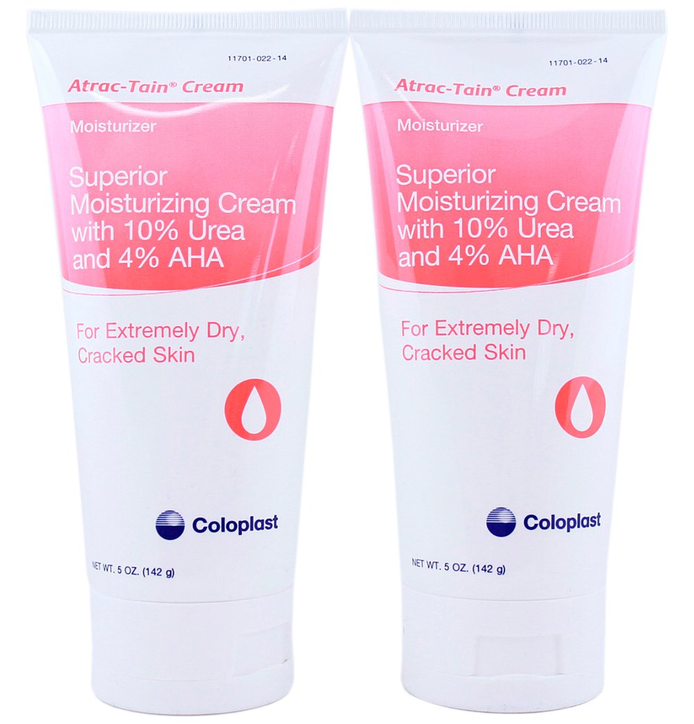 Coloplast Atrac-Tain unscented hand and body moisturizer cream 5 oz tube for deep hydration of dry, cracked skin.