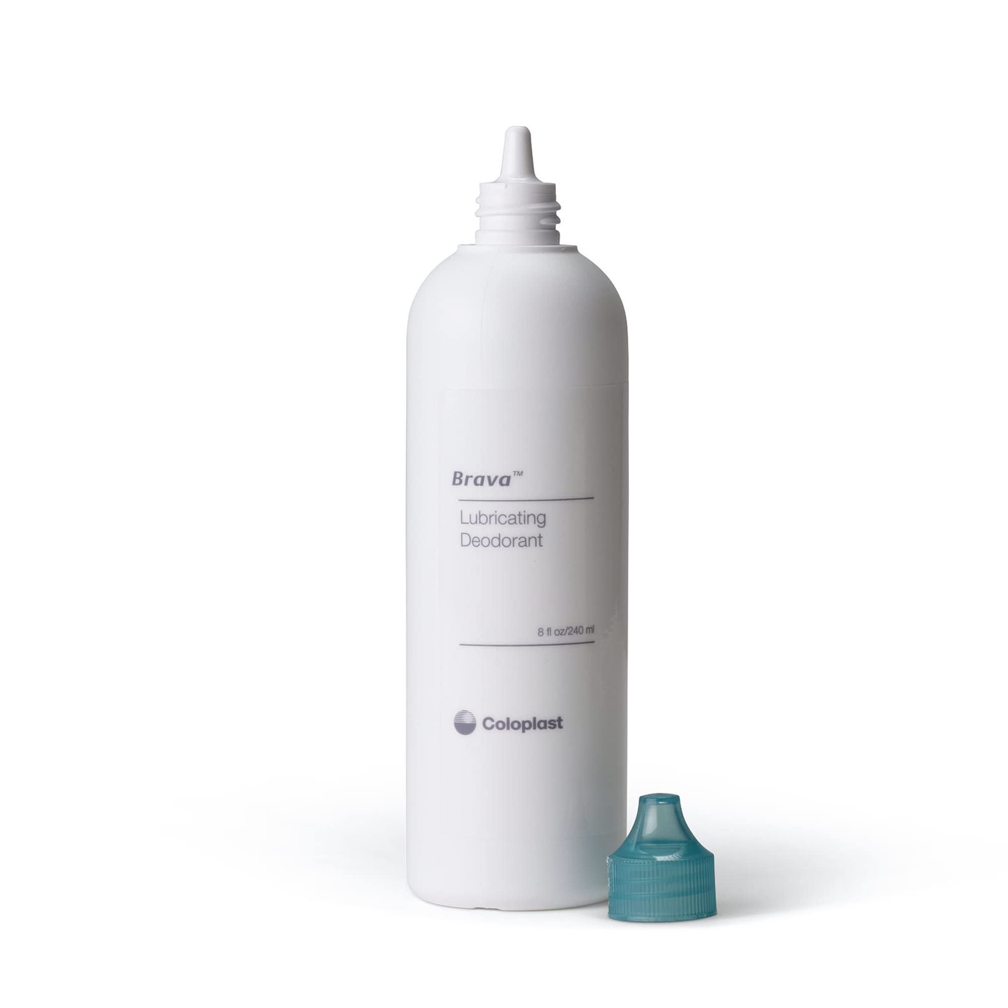 Applying deodorant to ostomy pouch to help odor control.