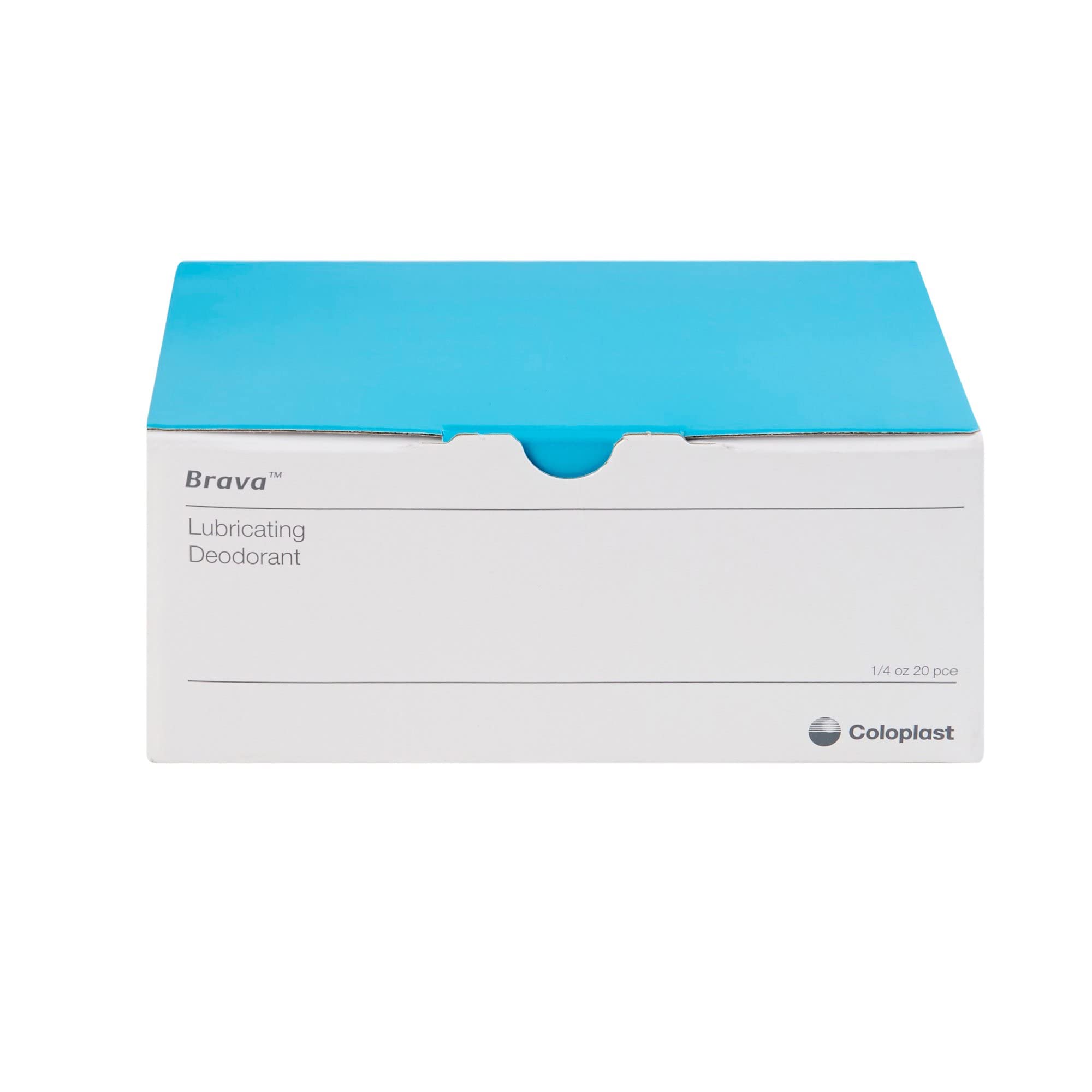 Coloplast Brava lubricating deodorant sachet box closeup highlights compact, on-the-go packaging.