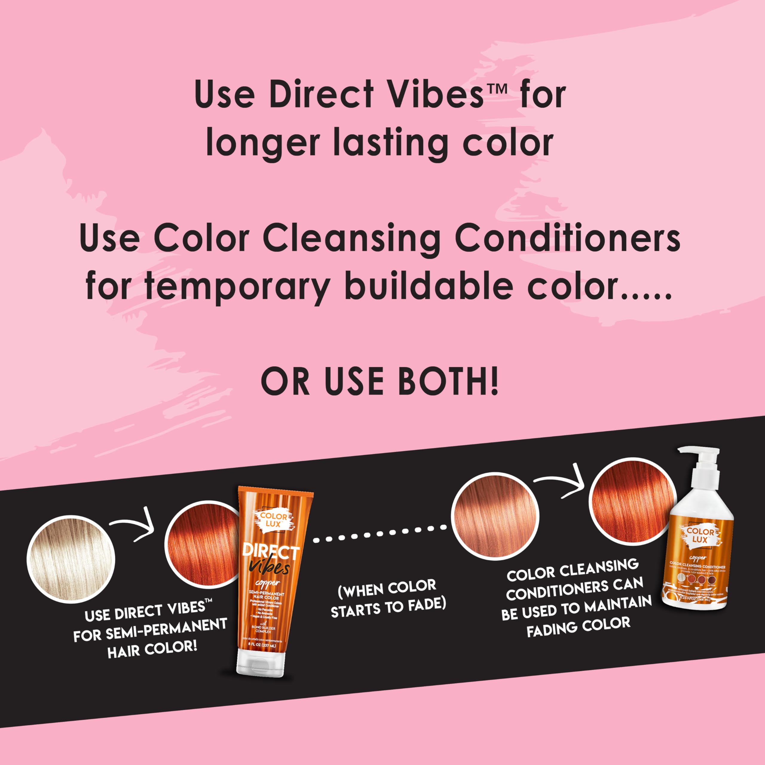 Color Lux Direct Vibes Copper on hair shows even coverage and shine.